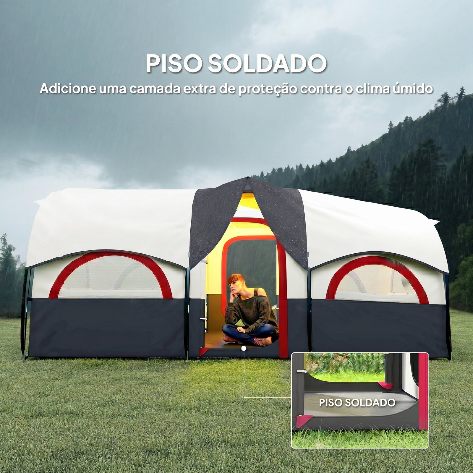 Tenda de campismo familiar tipo túnel para 4-6 pessoas impermeável 3.000 mm dobrável 435x251x195 cm cinzento escuro