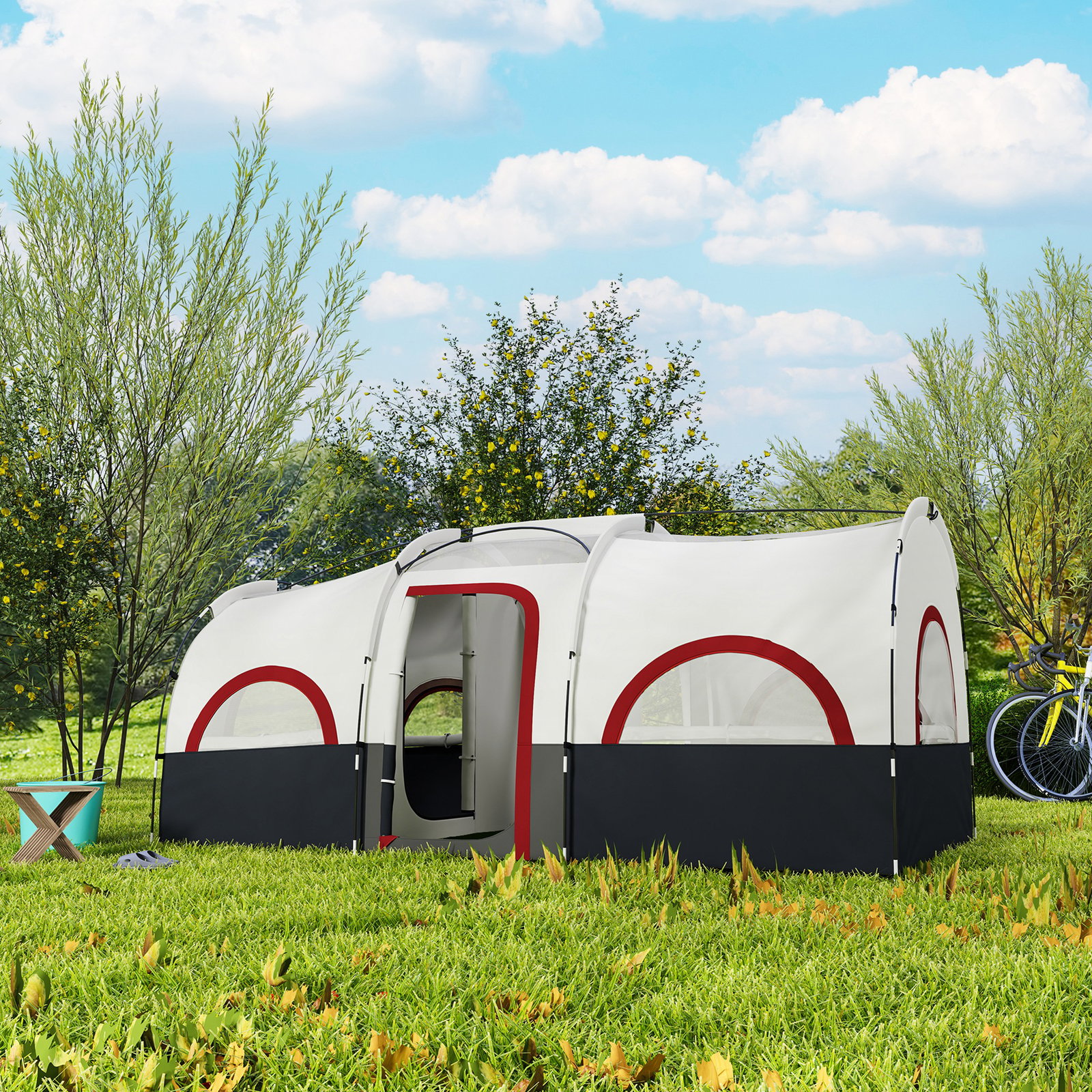 Tenda de campismo familiar tipo túnel para 4-6 pessoas impermeável 3.000 mm dobrável 435x251x195 cm cinzento escuro