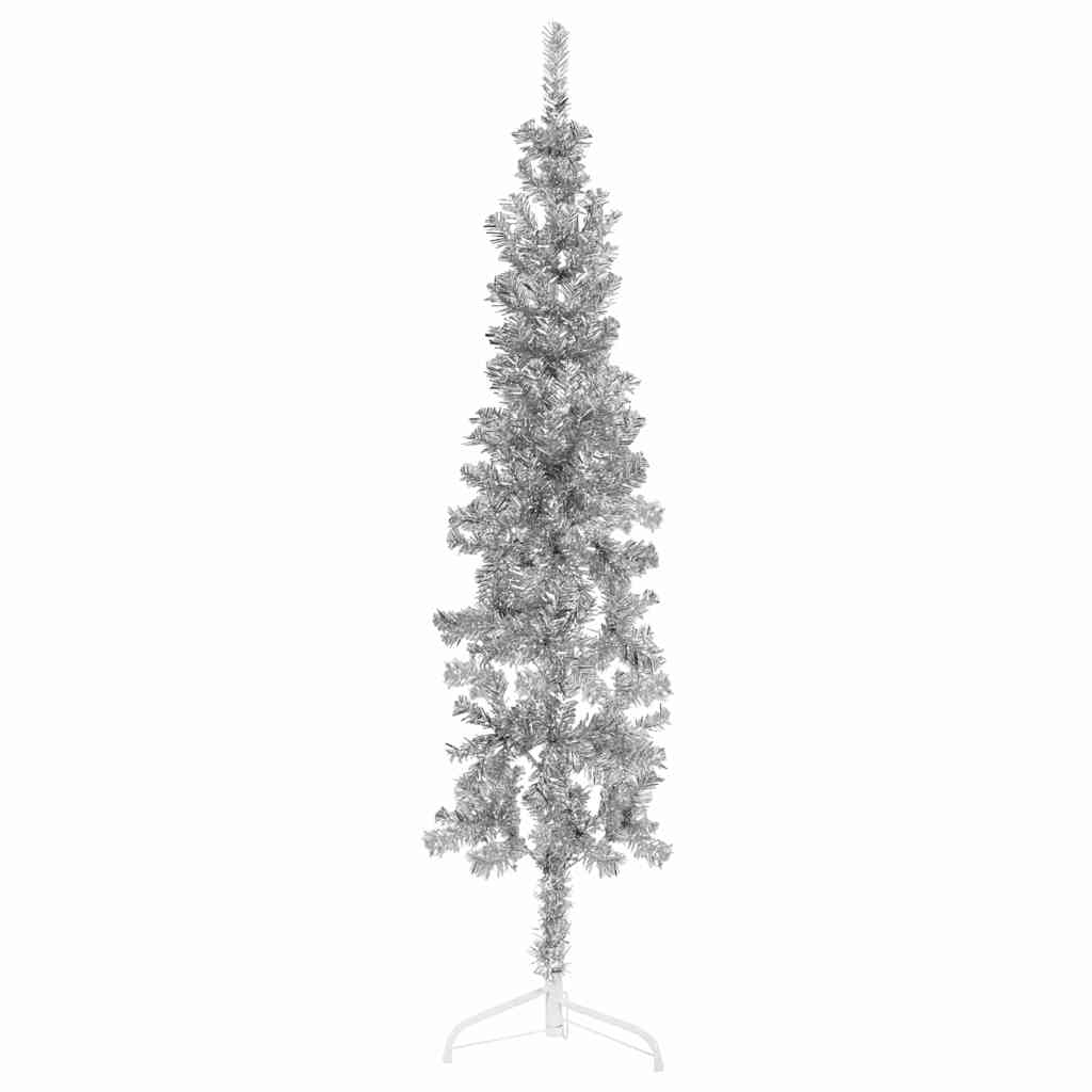 Meia árvore de natal fina com suporte 120 cm prateado