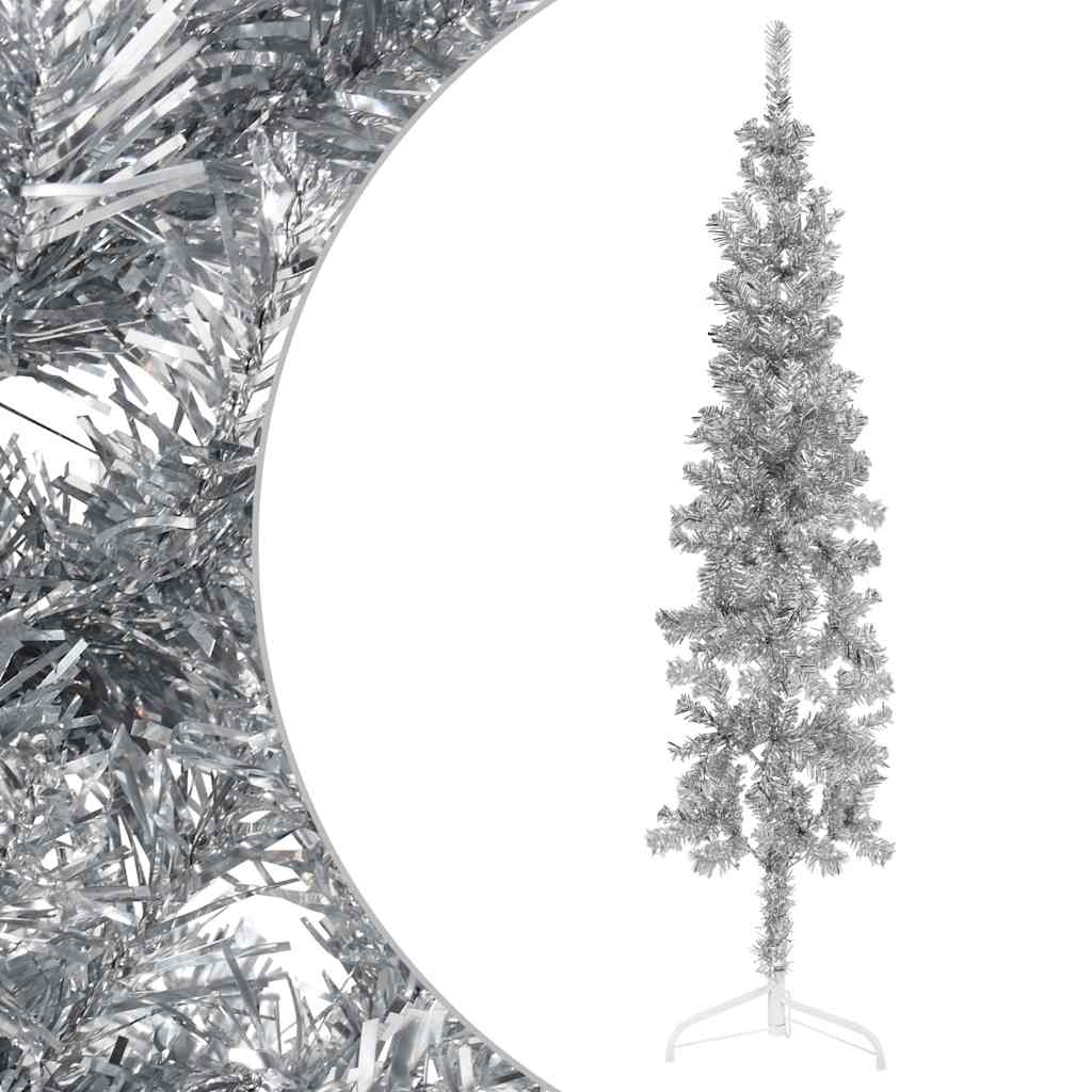 Meia árvore de natal fina com suporte 120 cm prateado
