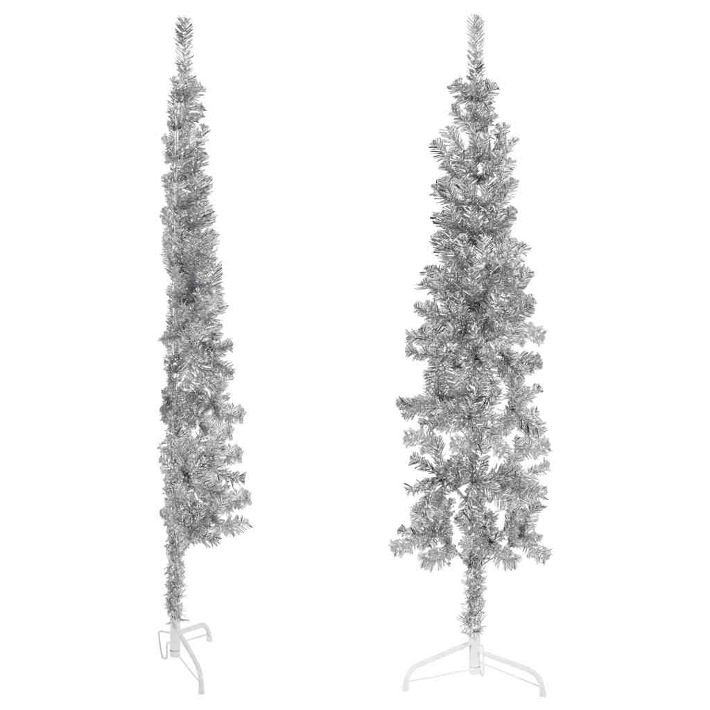 Meia árvore de natal fina com suporte 120 cm prateado