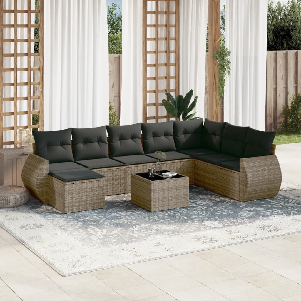 9 Pcs conjunto sofás p/ jardim com almofadões vime PE cinzento