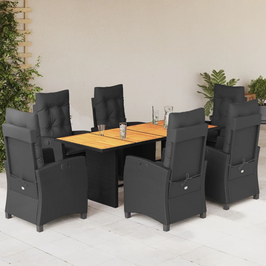 7 Pcs conjunto de jantar p/ jardim c/ almofadões vime PE preto