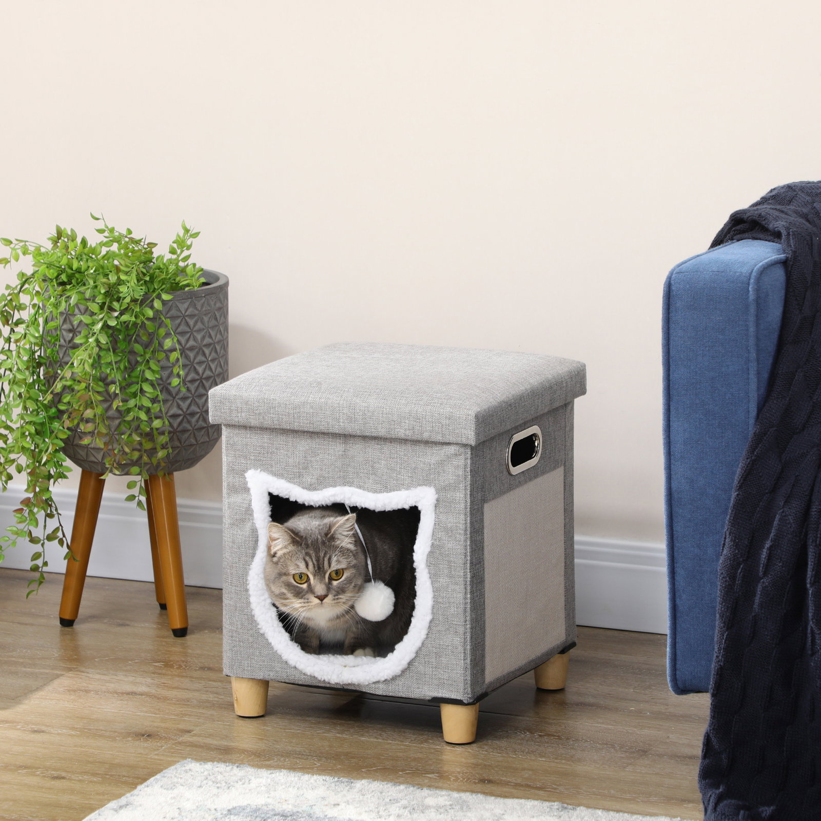Casa para gatos 2 em 1 com apoio para os pés com almofada amovível e almofada para arranhar 35,5x35,5x42,5 cm cinza