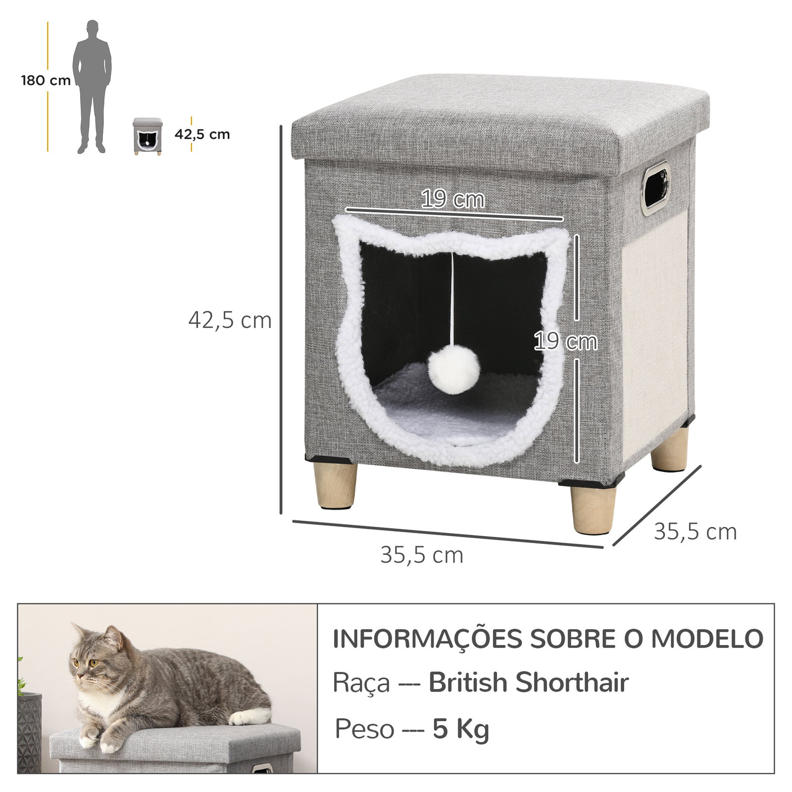 Casa para gatos 2 em 1 com apoio para os pés com almofada amovível e almofada para arranhar 35,5x35,5x42,5 cm cinza