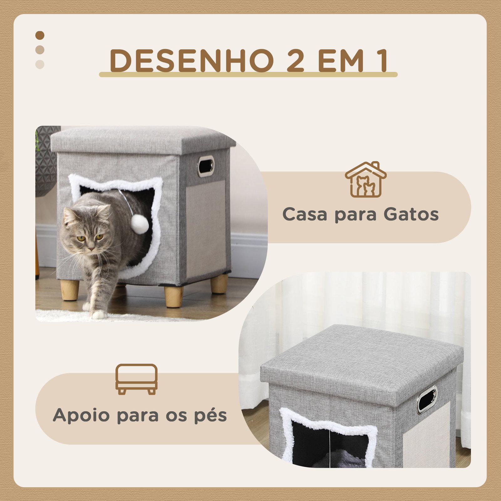 Casa para gatos 2 em 1 com apoio para os pés com almofada amovível e almofada para arranhar 35,5x35,5x42,5 cm cinza