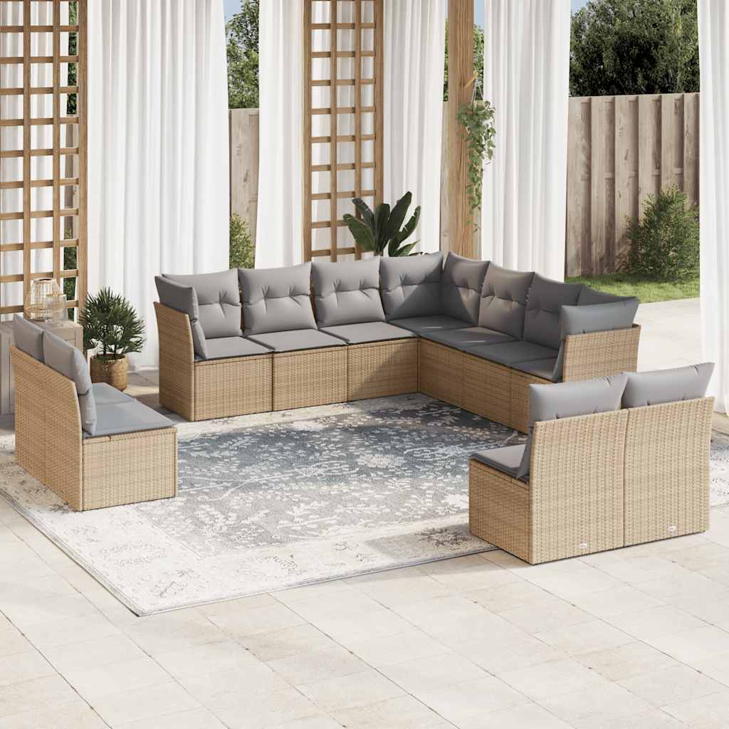 11 Pcs conjunto sofás de jardim c/ almofadões vime PE bege