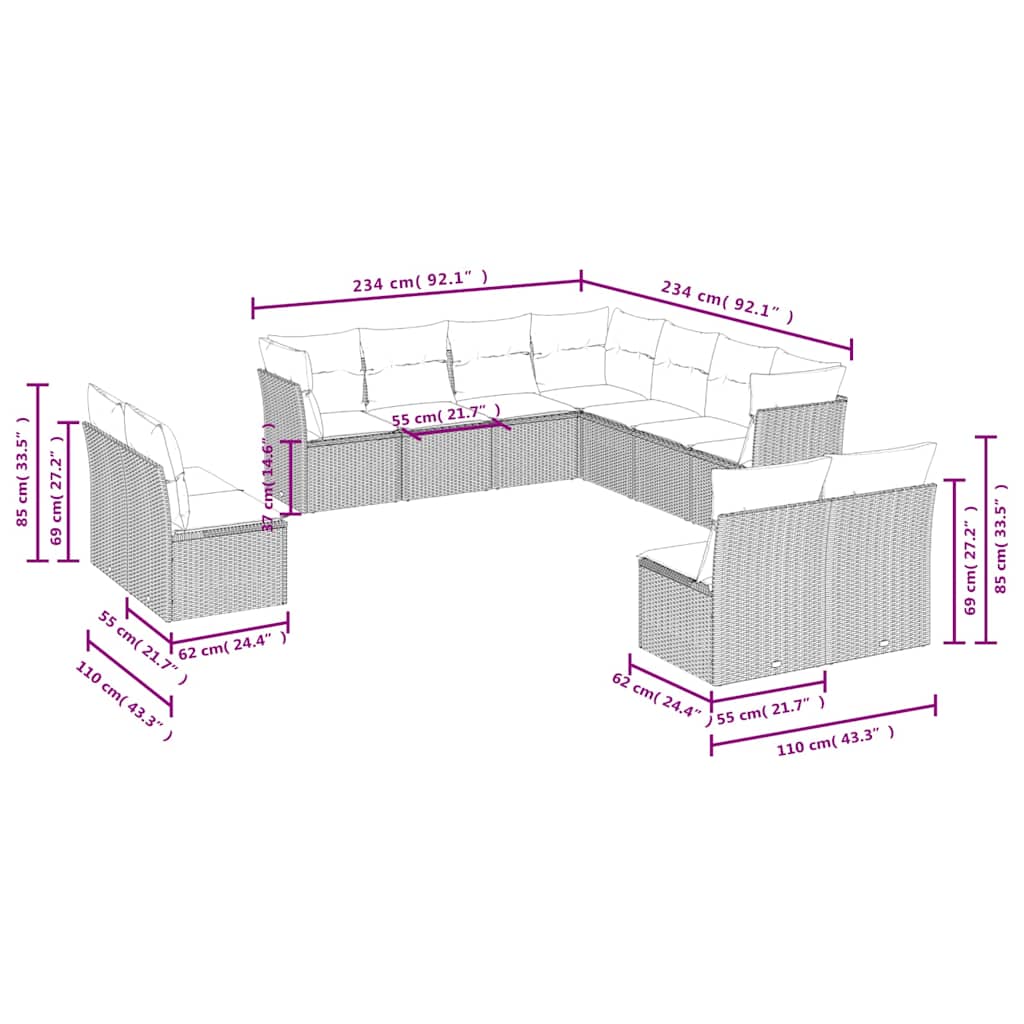 11 Pcs conjunto sofás de jardim c/ almofadões vime PE bege
