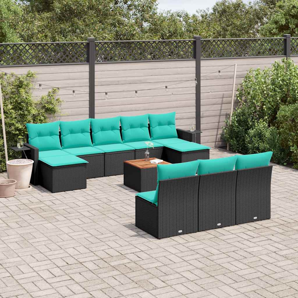 Conjunto de sofá de jardim com 11 peças e almofadas em rattan sintético preto