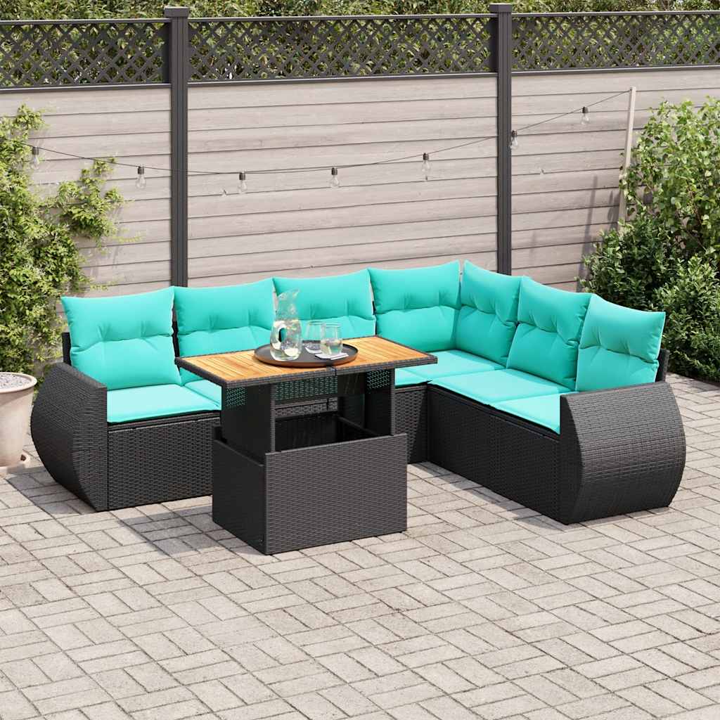 7 Pcs conjunto de sofás p/ jardim c/ almofadões vime PE preto
