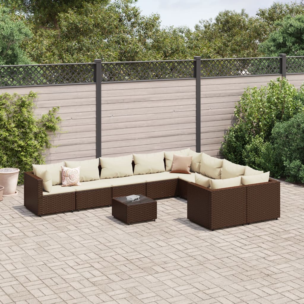 10 Pcs conj. sofás jardim com almofadões vime PE castanho