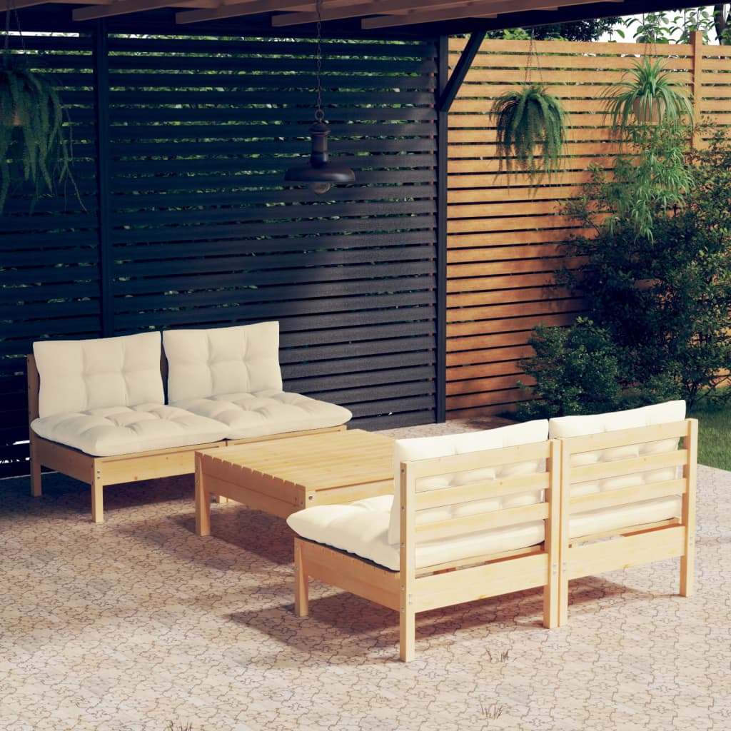 5 Pcs conjunto lounge jardim c/ almofadões cor creme pinho