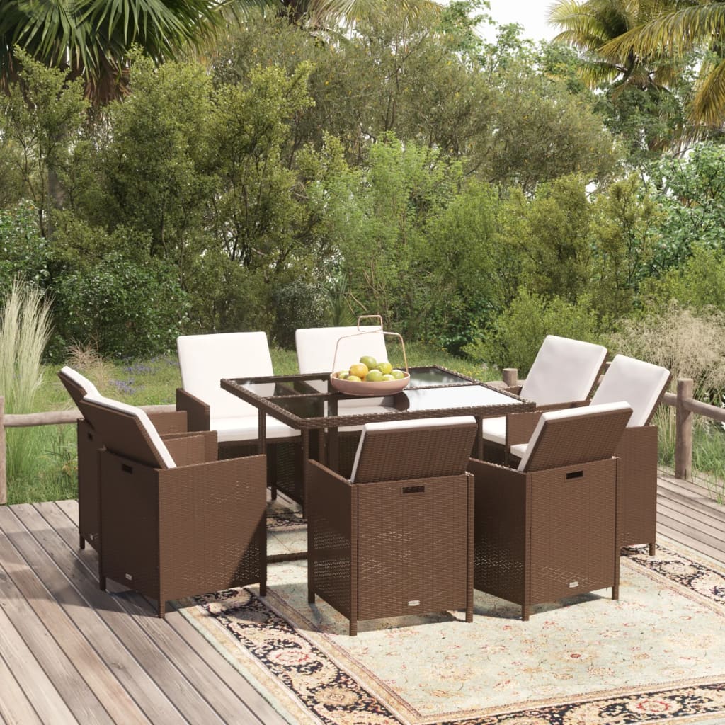 9 Pcs conjunto jantar p/ jardim c/ almofadões vime PE castanho