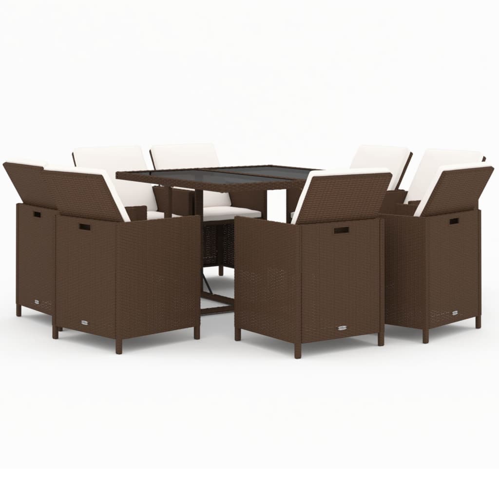 9 Pcs conjunto jantar p/ jardim c/ almofadões vime PE castanho