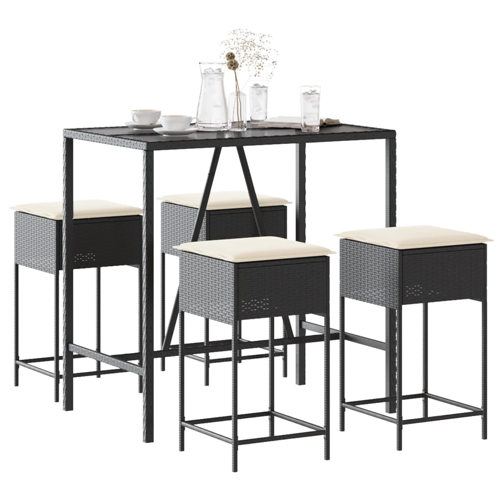 5 Pcs conjunto de bar p/ jardim c/ almofadões vime PE preto
