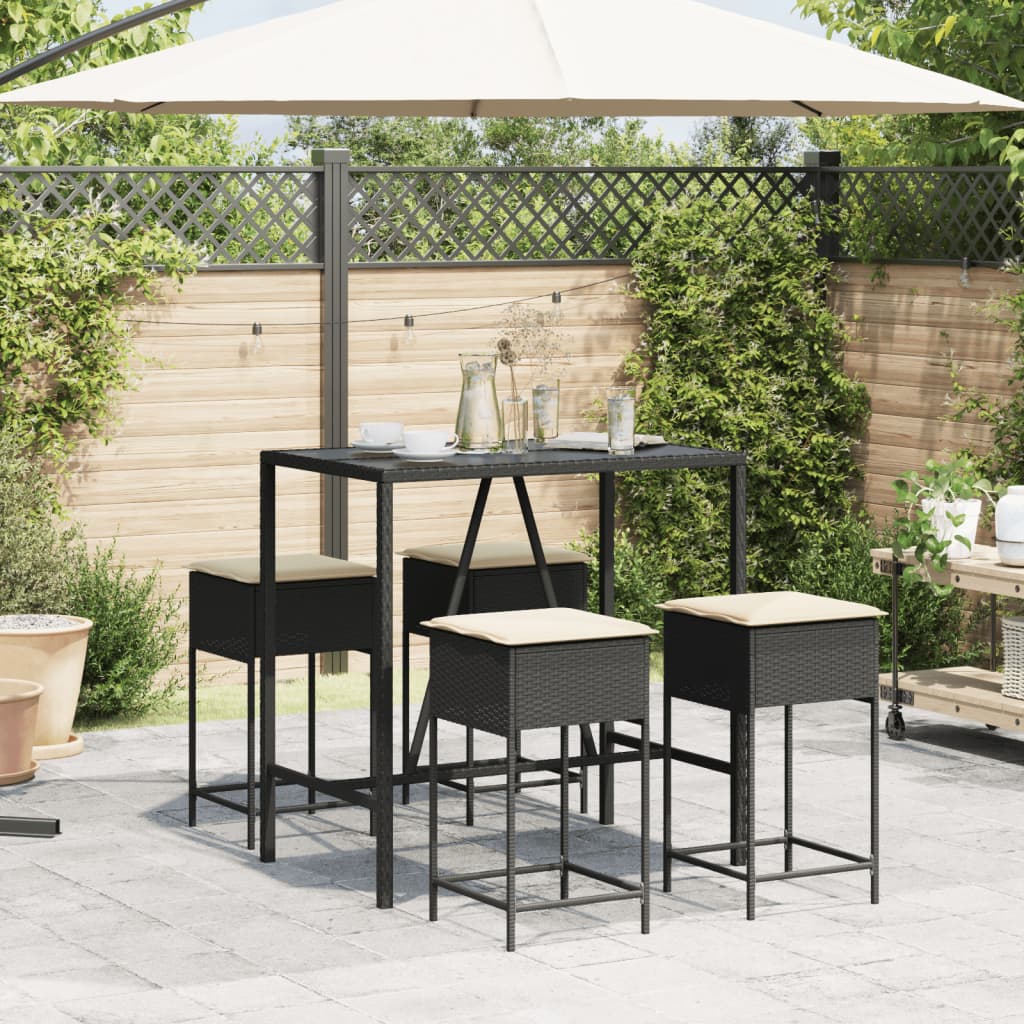 5 Pcs conjunto de bar p/ jardim c/ almofadões vime PE preto