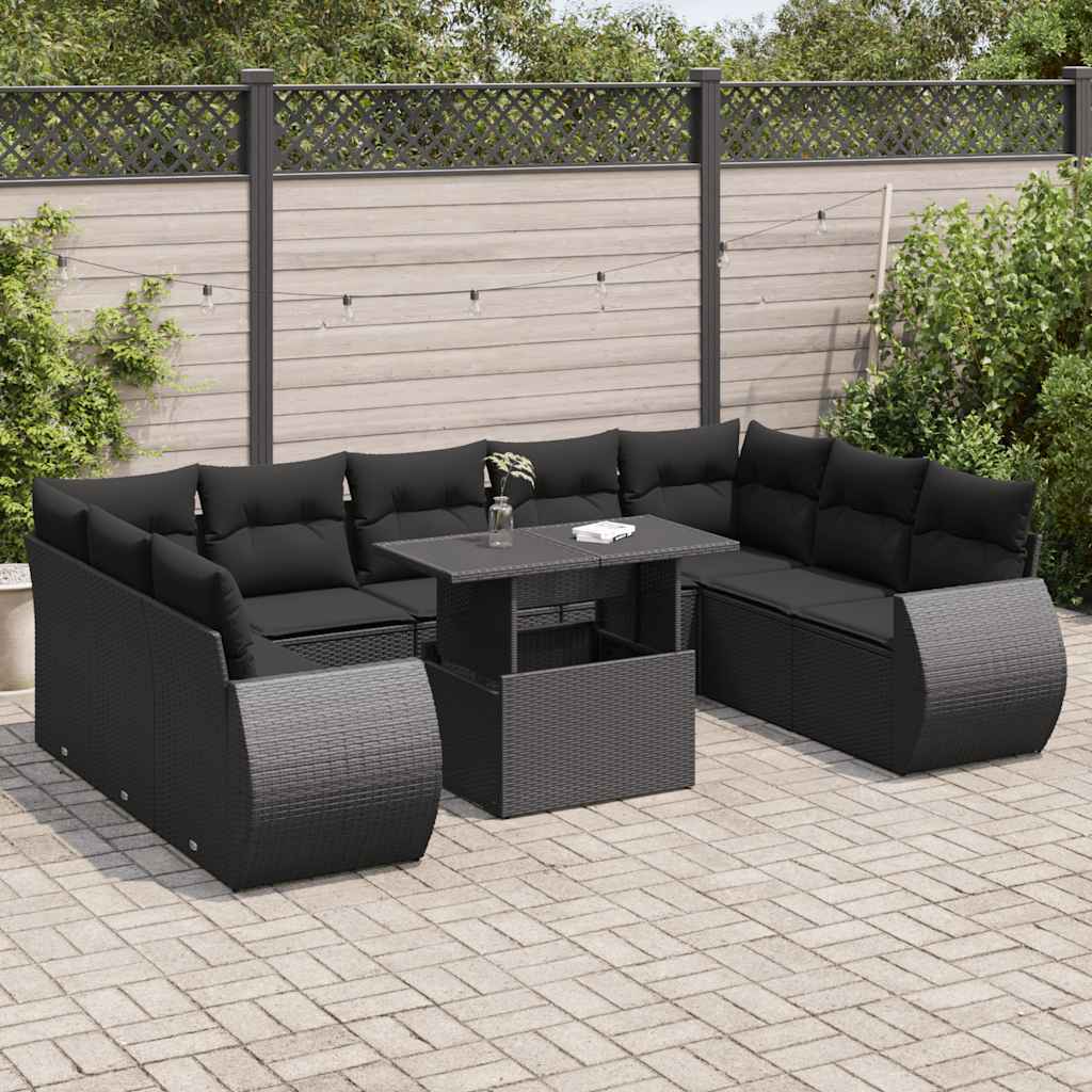 10 Pcs conjunto sofás de jardim c/ almofadões vime PE preto
