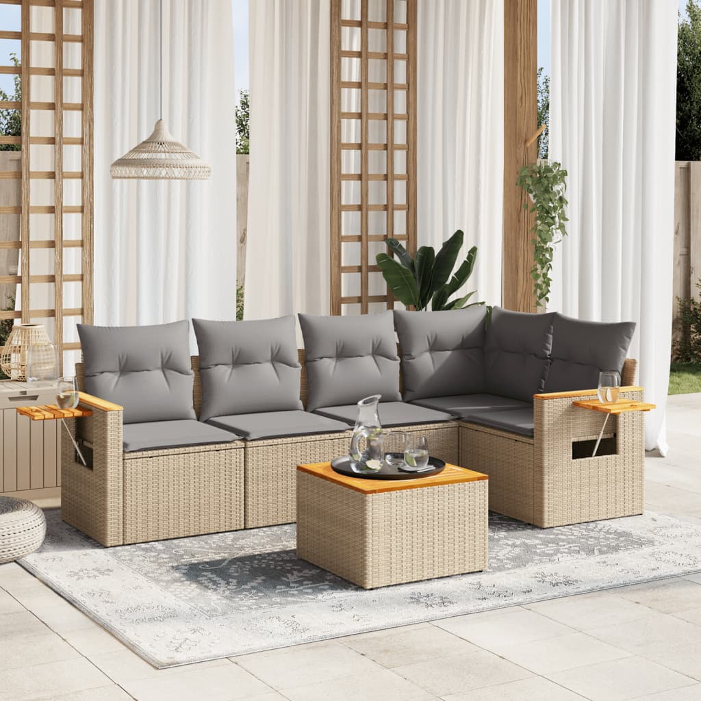 6 Pcs conjunto de sofás p/ jardim com almofadões vime PE bege