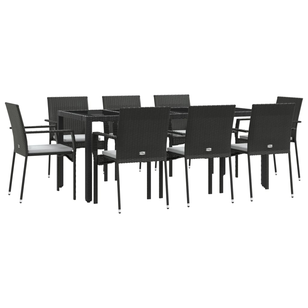 9 Pcs conjunto de jantar p/ jardim c/ almofadões vime PE preto