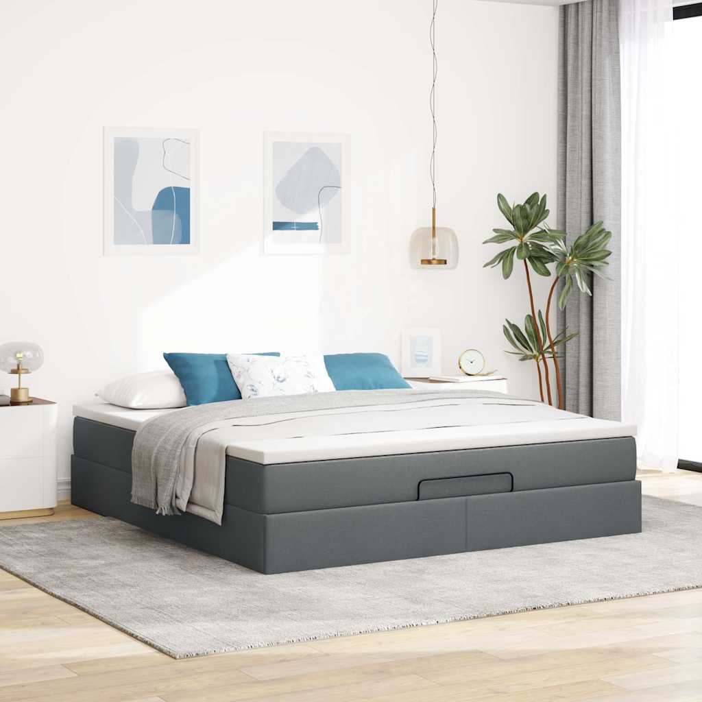 Estrutura de cama otomana com colchão tecido cinzento escuro