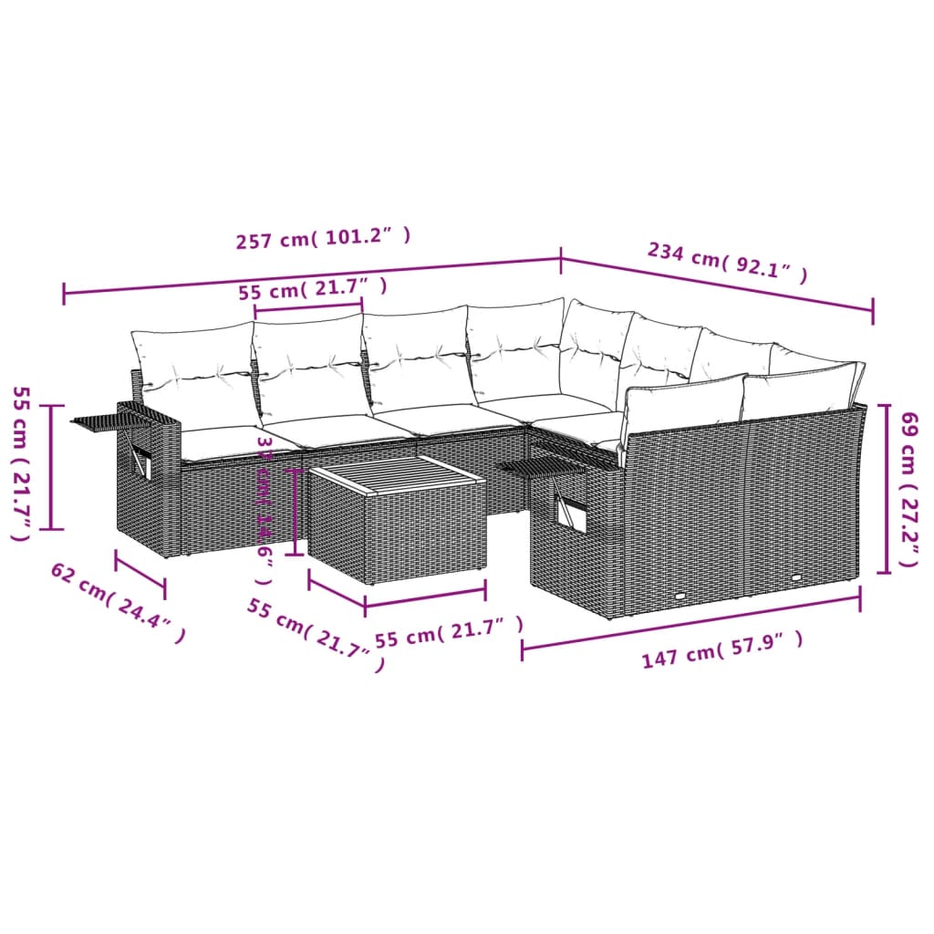 9 Pcs conjunto de sofás p/ jardim c/ almofadões vime PE preto