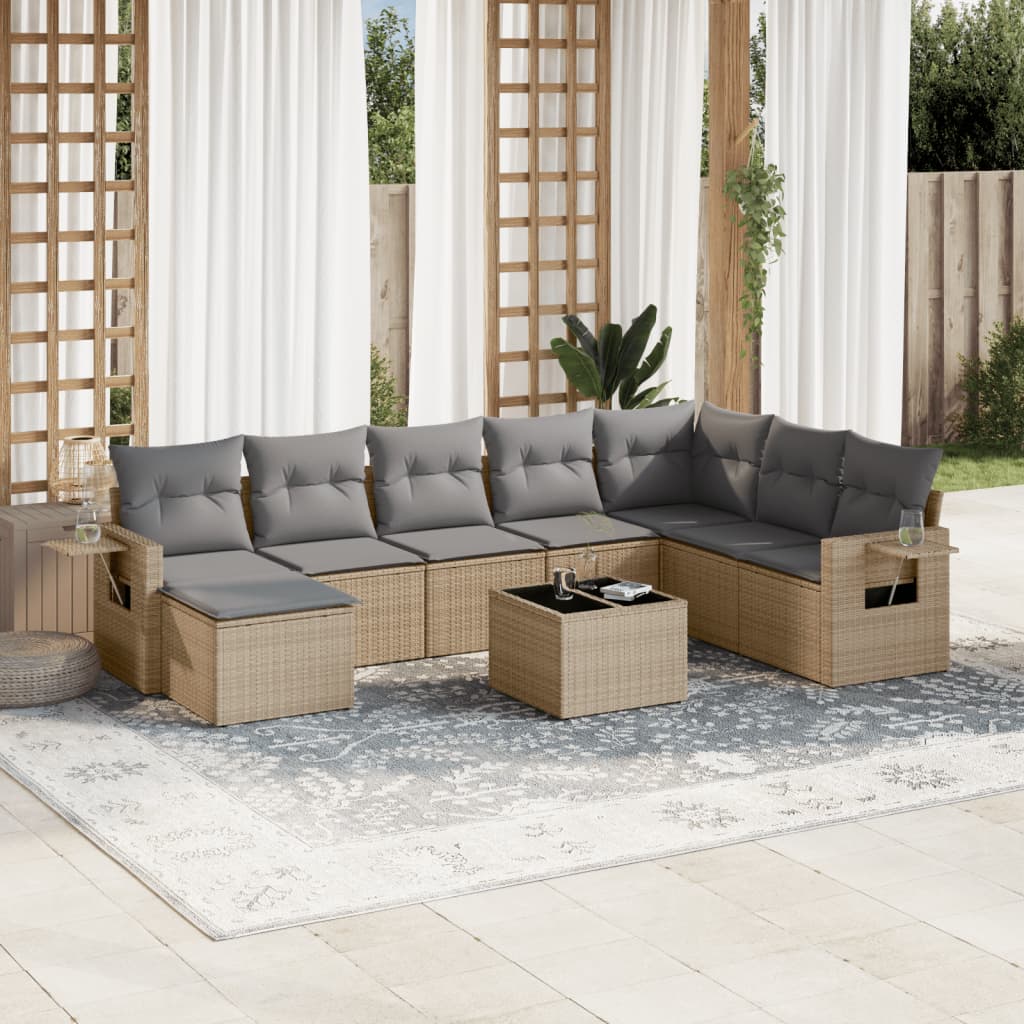 9 Pcs conjunto de sofás p/ jardim com almofadões vime PE bege
