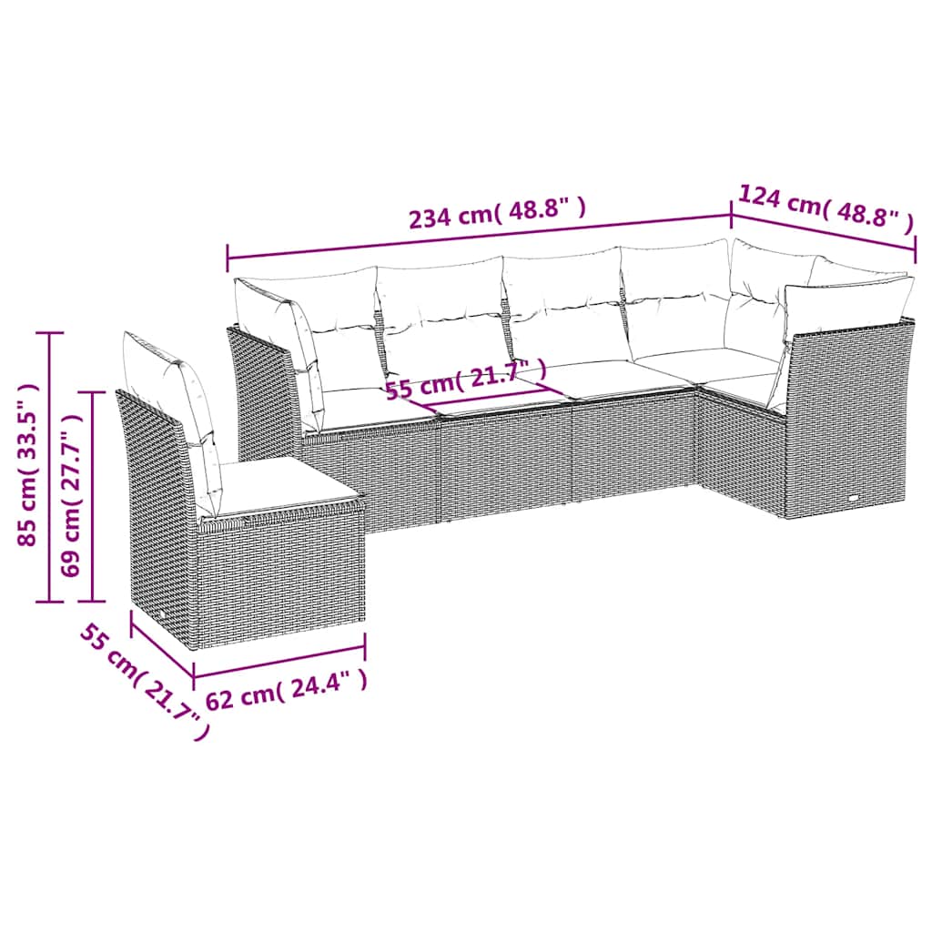 6 Pcs conjunto sofás de jardim c/ almofadões vime PE preto