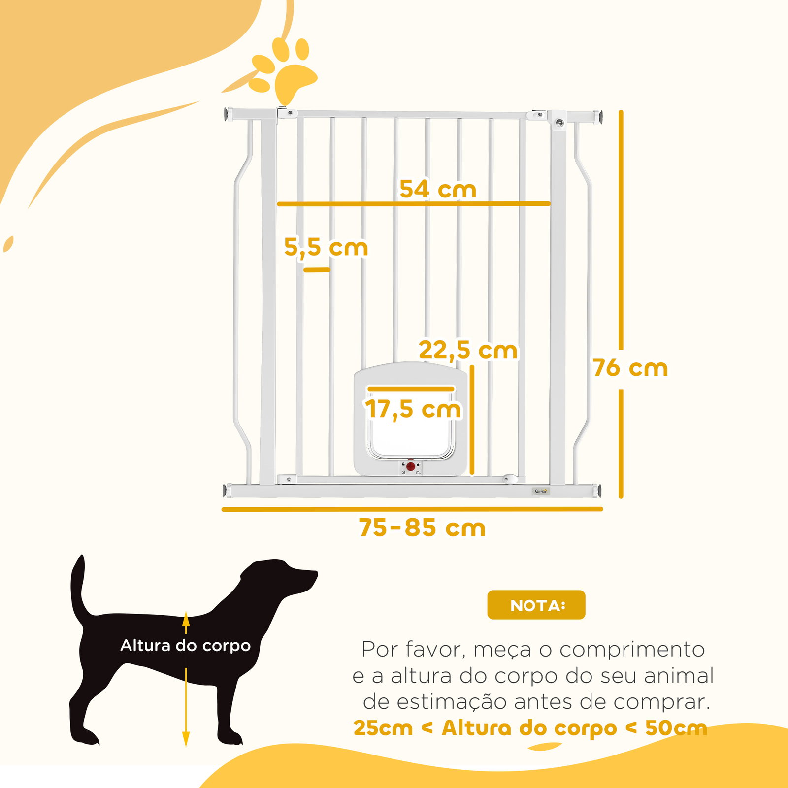 Barreira de segurança extensível para cães 75-85 cm para portas e escadas com portinhola pequena montagem por pressão duplo bloqueio branco