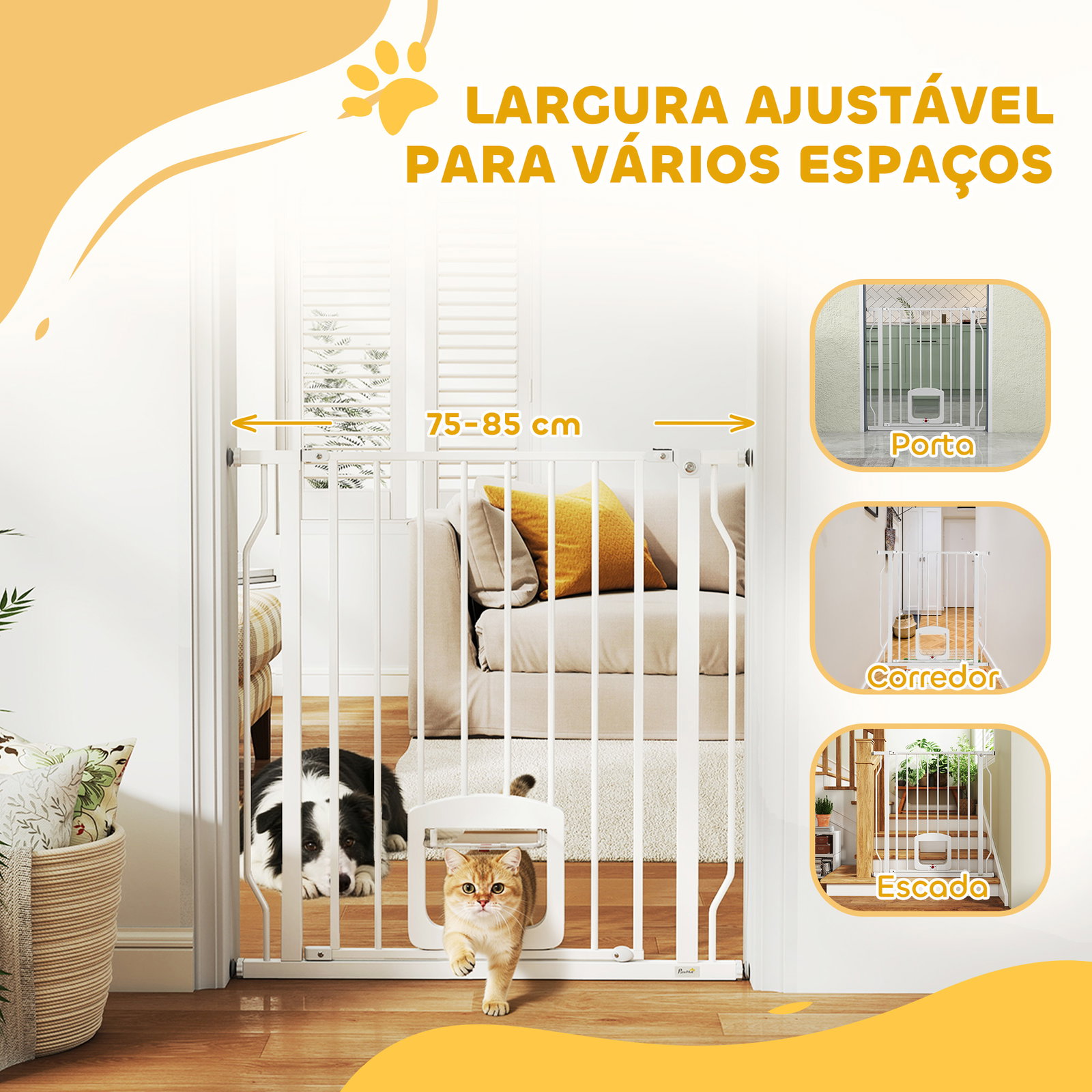 Barreira de segurança extensível para cães 75-85 cm para portas e escadas com portinhola pequena montagem por pressão duplo bloqueio branco