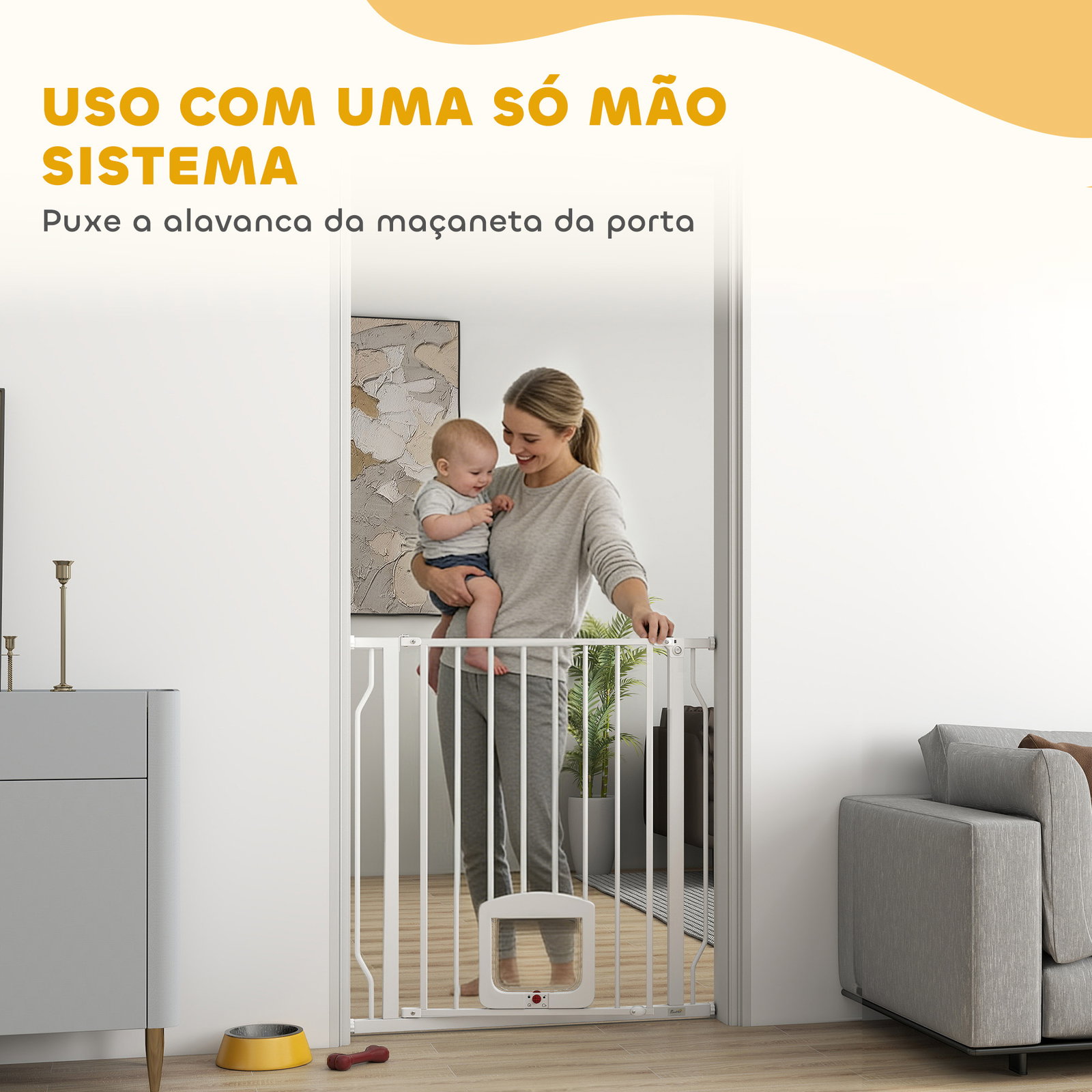 Barreira de segurança extensível para cães 75-85 cm para portas e escadas com portinhola pequena montagem por pressão duplo bloqueio branco