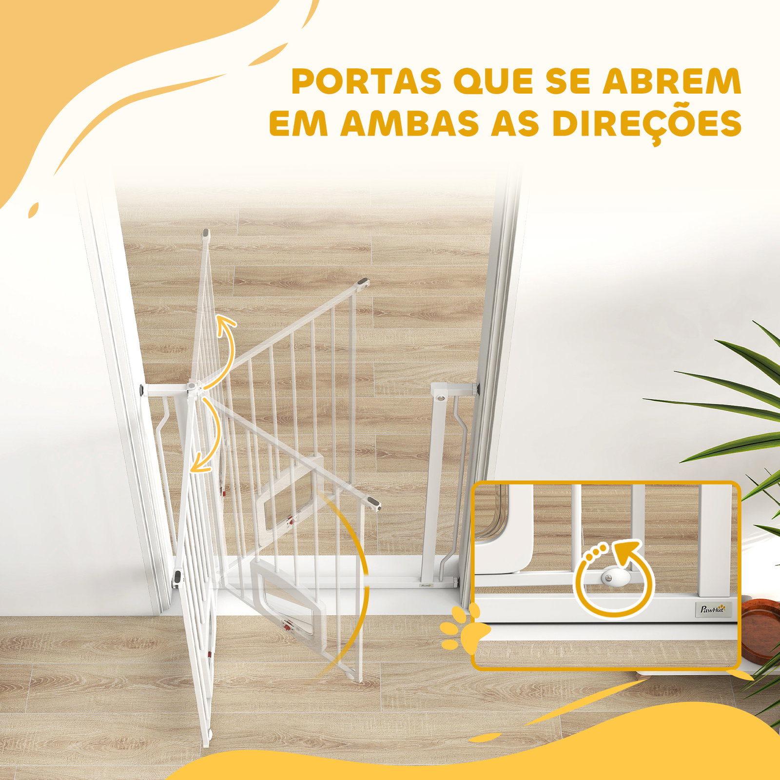 Barreira de segurança extensível para cães 75-85 cm para portas e escadas com portinhola pequena montagem por pressão duplo bloqueio branco