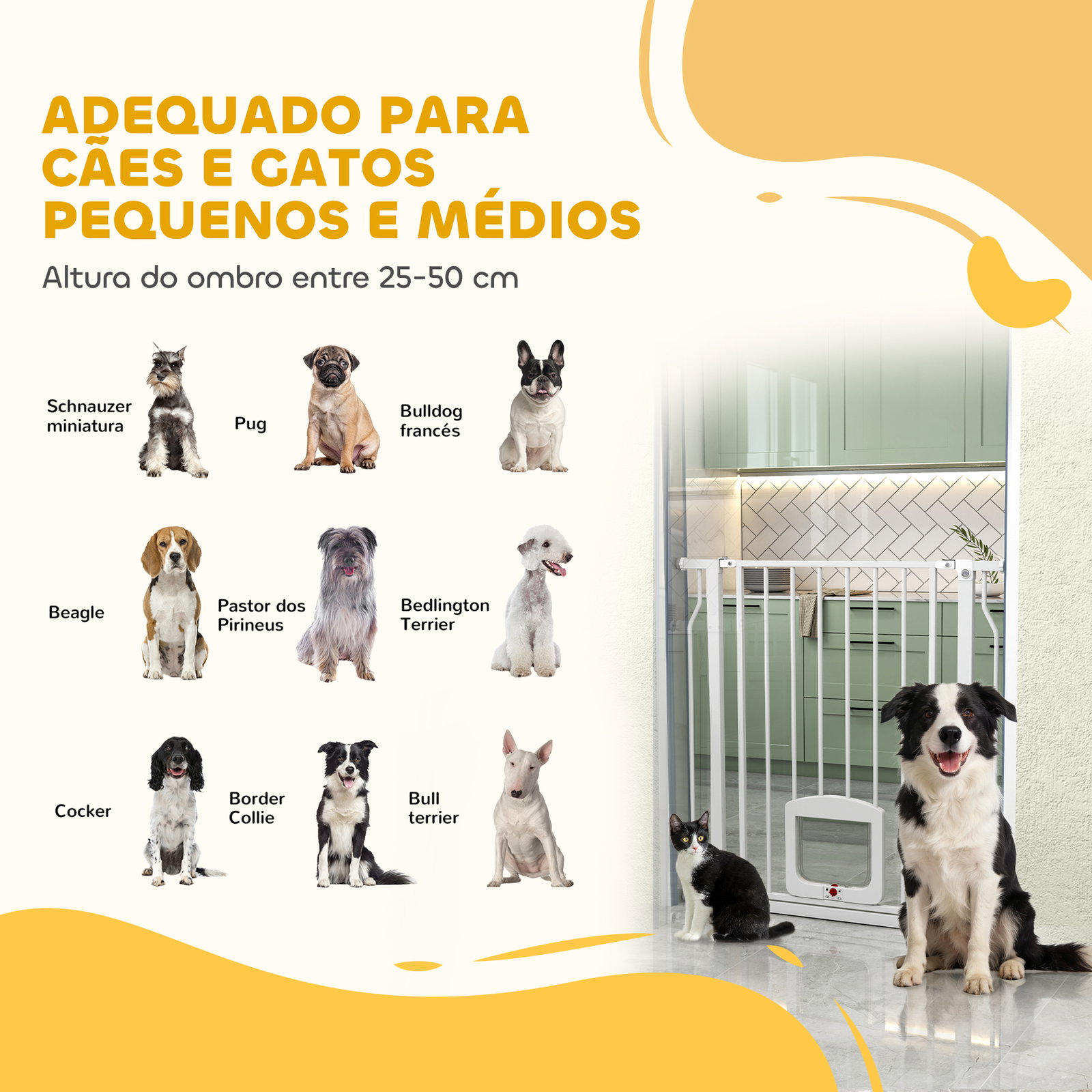 Barreira de segurança extensível para cães 75-85 cm para portas e escadas com portinhola pequena montagem por pressão duplo bloqueio branco