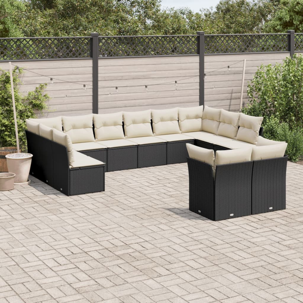 12 Pcs conjunto de sofás de jardim c/ almofadões vime PE preto