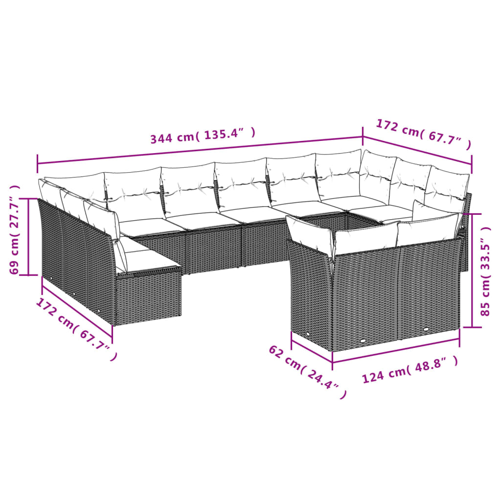 12 Pcs conjunto de sofás de jardim c/ almofadões vime PE preto