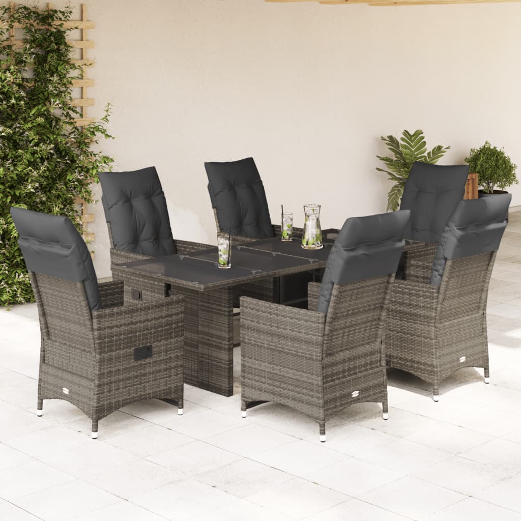 7 Pcs conjunto bistrô de jardim c/ almofadões vime PE cinza