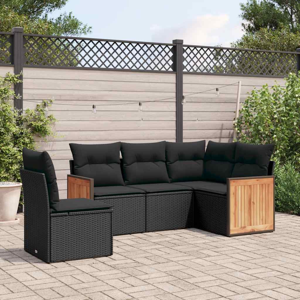 5 Pcs conjunto sofás de jardim com almofadões vime PE preto