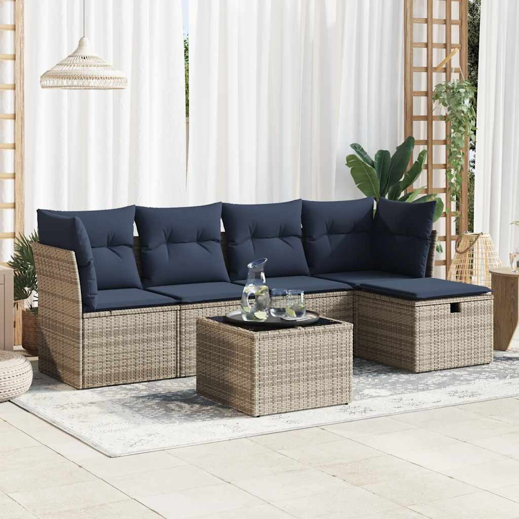 6 Pcs conjunto sofás de jardim com almofadões vime cinzento