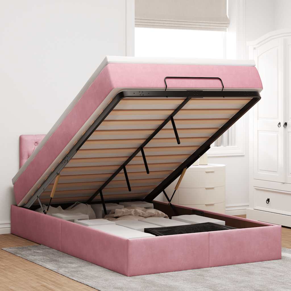 Estrutura de cama otomana com colchão 120x200 cm veludo rosa