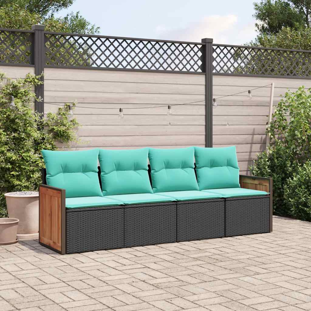 Conjunto de sofá de jardim com 4 peças e almofadas em rattan sintético preto