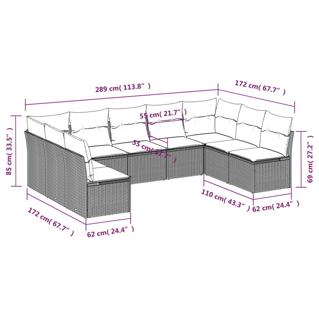9 Pcs conjunto de sofás p/ jardim com almofadões vime PE bege