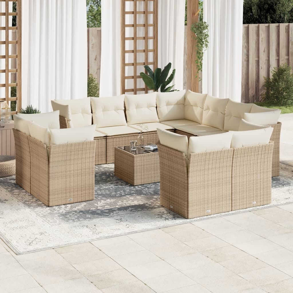 12 Pcs conjunto de sofás p/ jardim com almofadões vime PE bege