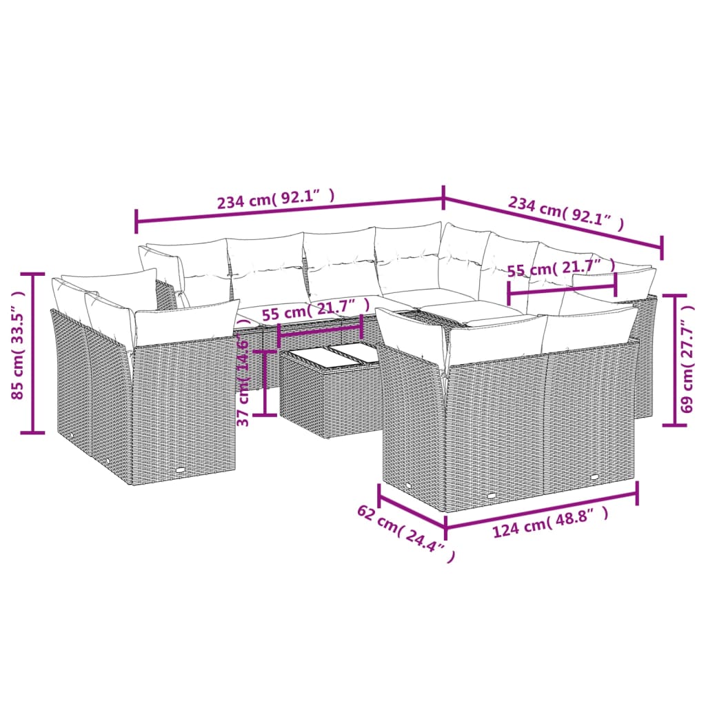 12 Pcs conjunto de sofás p/ jardim com almofadões vime PE bege