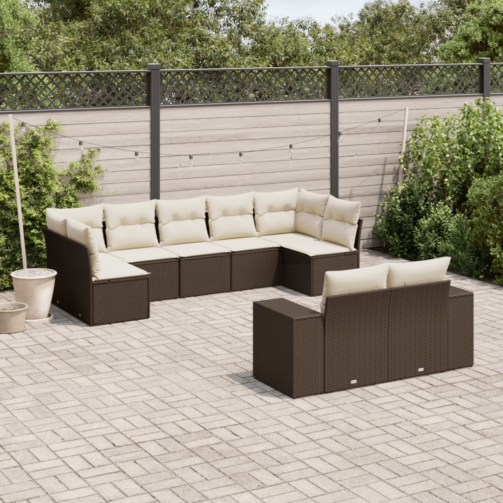 9 Pcs conjunto sofás p/ jardim c/ almofadões vime PE castanho