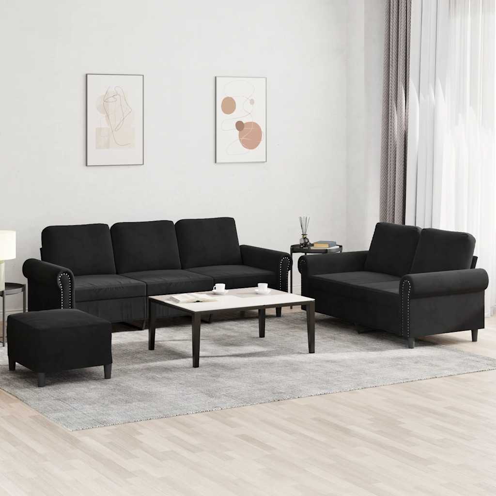 3 Pcs conjunto de sofás com almofadões veludo preto
