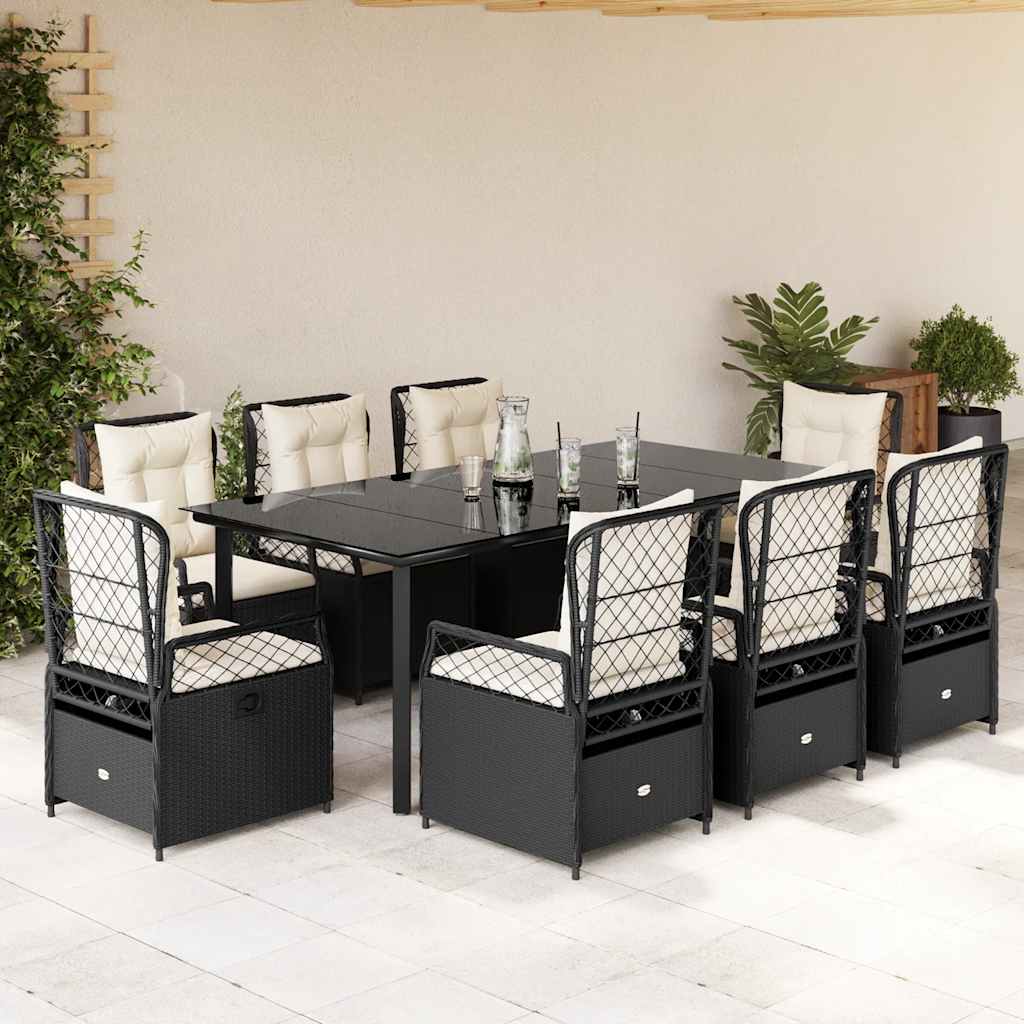 9 Pcs conjunto de jantar p/ jardim c/ almofadões vime PE preto