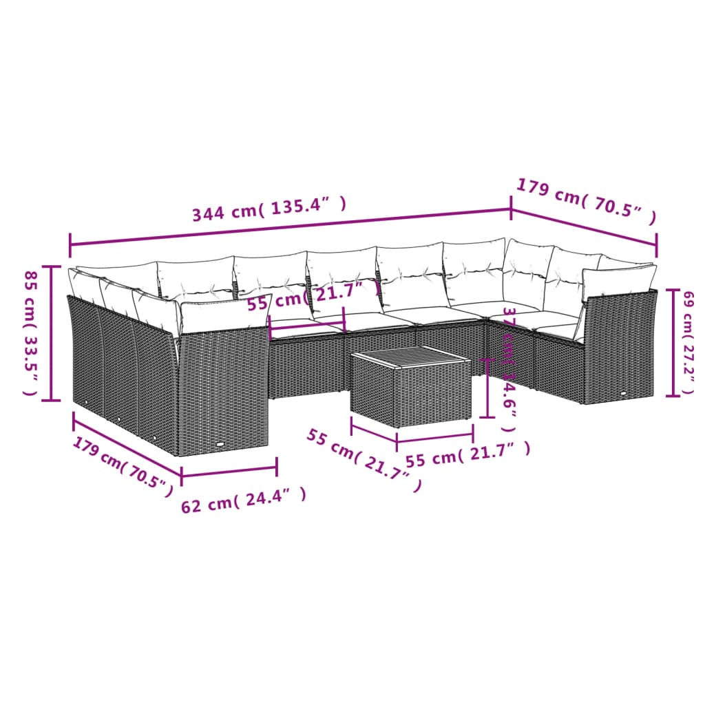 11 Pcs conjunto sofás de jardim c/ almofadões vime PE preto