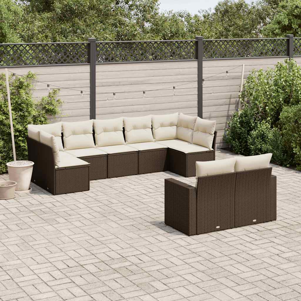 9 Pcs conjunto sofás p/ jardim c/ almofadões vime PE castanho