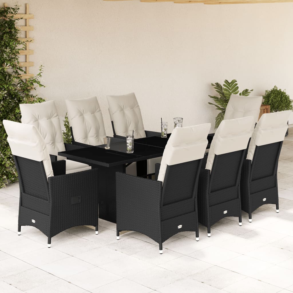 9 Pcs conjunto de jantar p/ jardim c/ almofadões vime PE preto