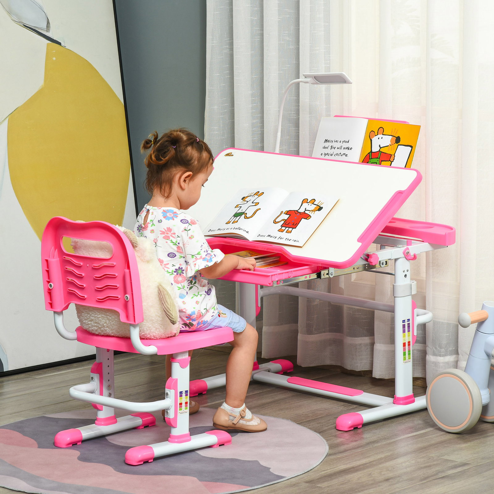 Conjunto de Secretária e Cadeira para Crianças com Altura Ajustável Mesa Inclinável Lâmpada LED 80x49,5x80-105cm e 36x34x60-73cm