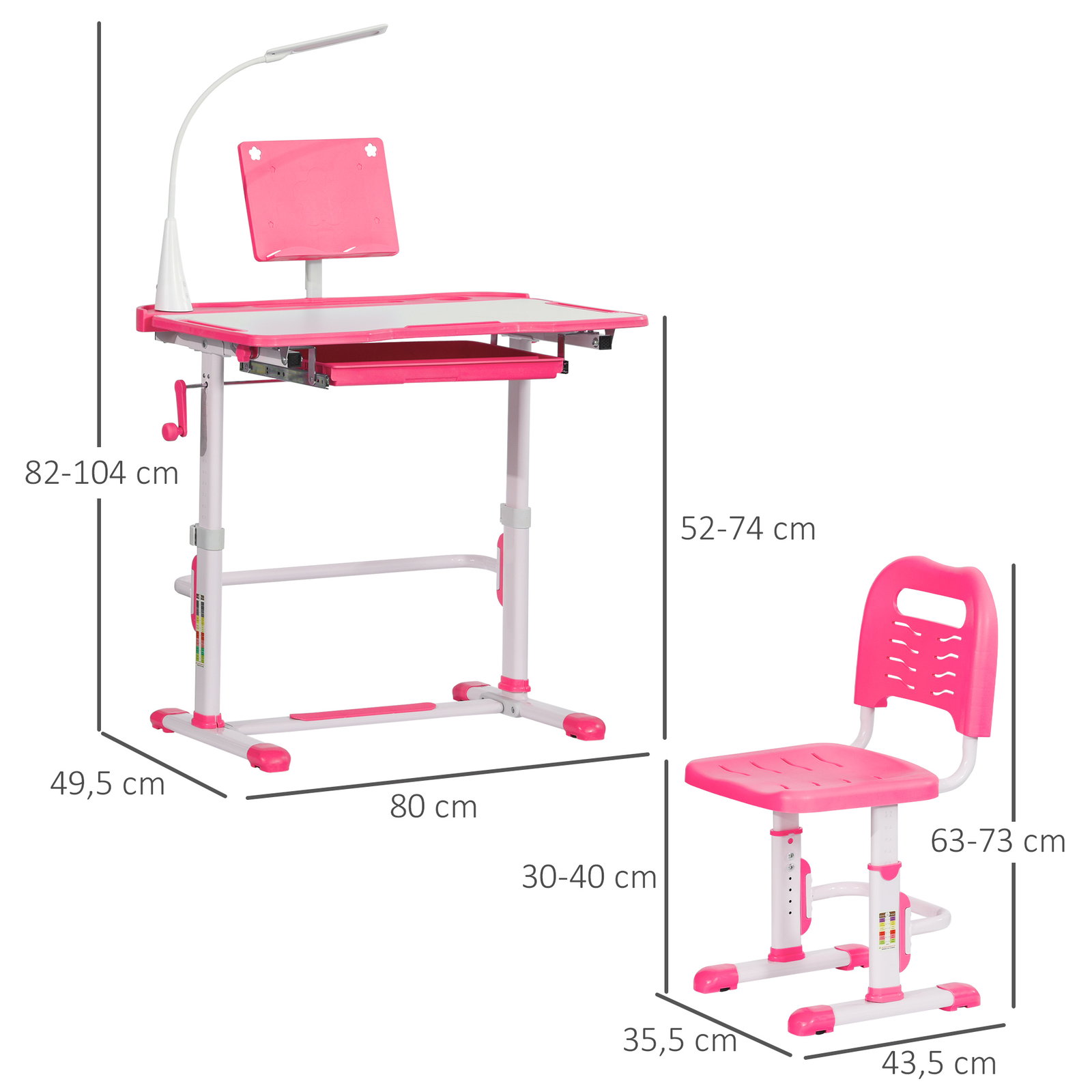 Conjunto de Secretária e Cadeira para Crianças com Altura Ajustável Mesa Inclinável Lâmpada LED 80x49,5x80-105cm e 36x34x60-73cm
